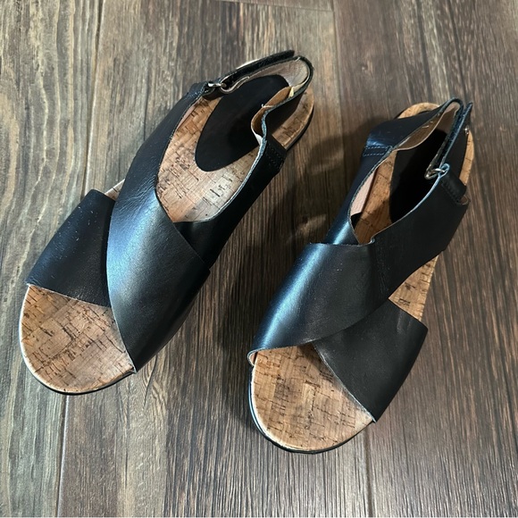 Pikolinos black leather cross over women's sandals 39 cork wedge shoe - Picture 2 of 14